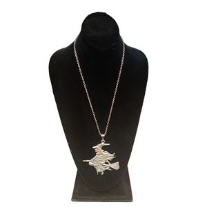 Vtg Witch On A Broomstick Statement Pendant Necklace Silver Tone Metal Halloween
